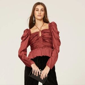 ULLA JOHNSON Mirelle Tie Halter Peplum Blouse Desert Rose Long Sleeve Size 8